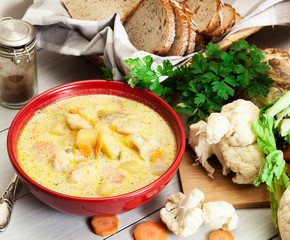 Vegetable soup with ingredients carrot, cauliflower, potato and parsley