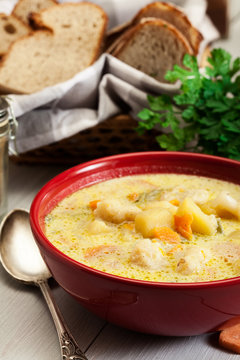 Vegetable soup with ingredients carrot, cauliflower, potato and parsley
