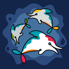 Pod of Abstract Comic Cartoon Hand Drawn Dolphins in the Wildlife Sea