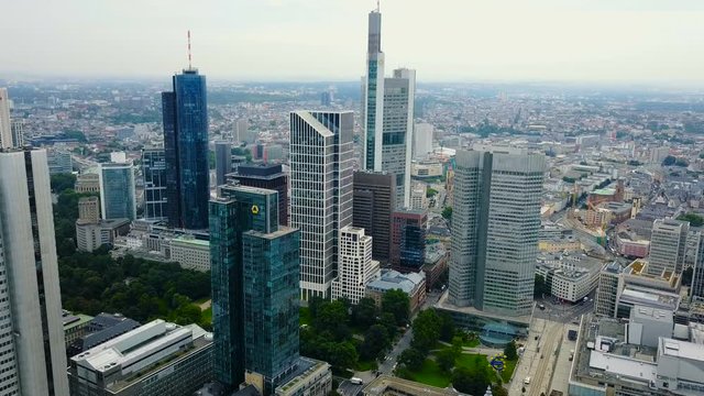 aerial view of business area in Frankfurt city with skyscrapers