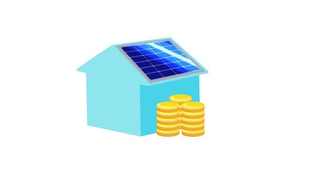 Animation of a house and solar panels, with coins stacking up