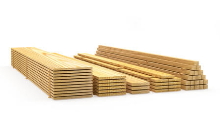 Wooden boards and planks in stacks on white. Construction materials. 3D illustration