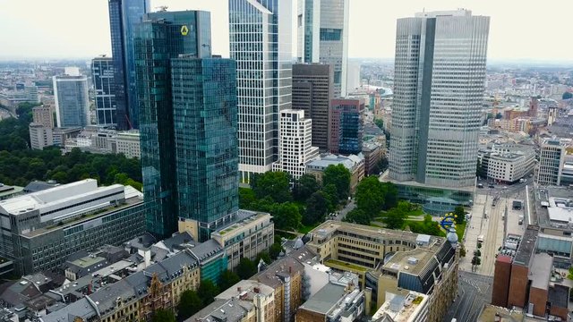 aerial view of business area in Frankfurt city with skyscrapers