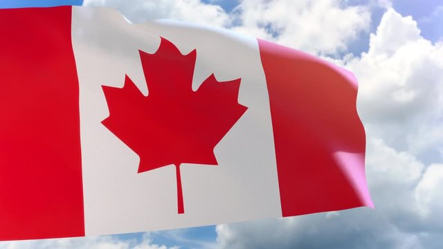 3D rendering of Canada flag waving on blue sky background with Alpha channel can change background later, Canada Day is the national day of Canada 1 July every year