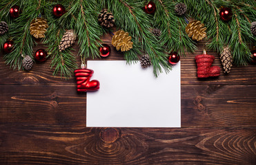Fototapeta premium Christmas, New Year wooden background, paper with empty space for text