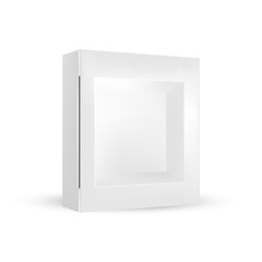 VECTOR PACKAGING: White gray package square box with front window on isolated white background. Mock-up template ready for design