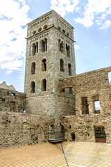 belfry of the ruins of the Benedictine abbey of the Romanesque art close to the End of Creus in Gerona, Spain.