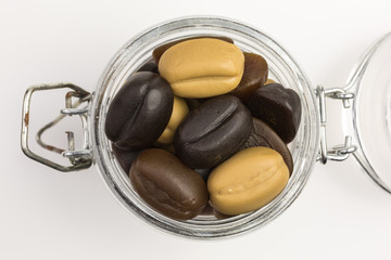 gummy candy coffee beans in a glass jar