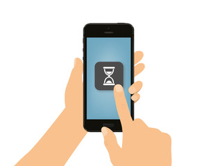 Hand tippt auf Smartphone - Sanduhr
