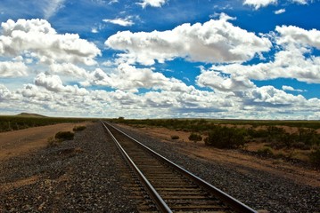 Fototapeta premium Train Tracks to Skyline on Cloudy Day