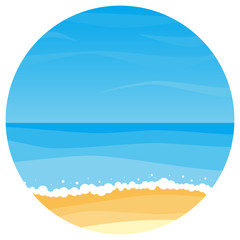 Vector landscape with summer beach in circle. Waves of the sandy beach, blue sky and sea. Landscape vector illustration.
