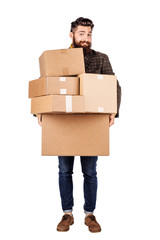 man holding the cardboard boxes, isolated on white background