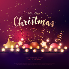 Festive Christmas and New Year vector party flyer or dinner invitation design with gold confetti, xmas ornaments, glowing stars and light garlands.