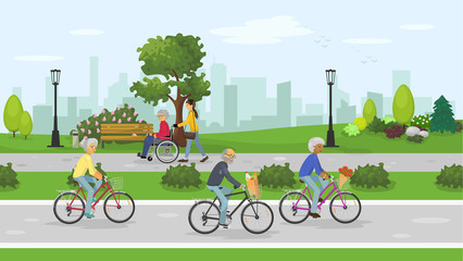 Active seniors in the City park. Seniors people cycling outdoor. Woman walking with senior man in a wheelchair in the city park. Vector illustration.