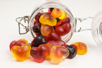 heart shaped gummy candies in a glass jar