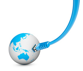 Cavo ethernet, connessione internet, velocità di banda. Il mondo nel web. Connessioni mondiali, globo - obrazy, fototapety, plakaty