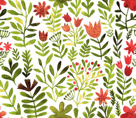 Vector pattern with flowers and plants. Floral decor. Original floral seamless background. Bright colors watercolor, autumn-summer botanical elements