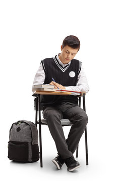 Teenage Student Sitting In A School Chair And Taking Notes