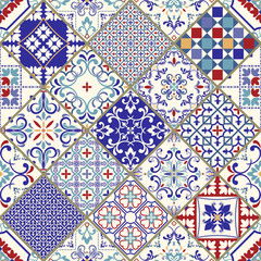 Vector seamless texture. Beautiful mega patchwork pattern for design and fashion with decorative elements. Portuguese tiles, Azulejo, Talavera; Moroccan ornaments in blue colors.