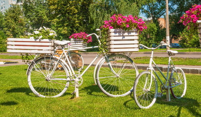 Fototapeta na wymiar Landscape design. Garden flower beds in the form of bicycles