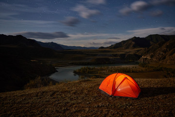 Tent and Camping hill landscape of at night.