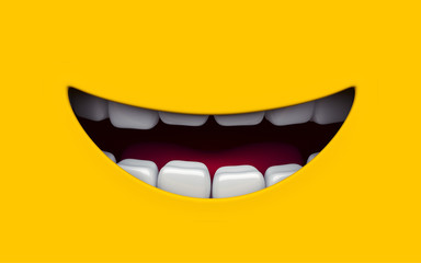 Mouth of character on a yellow background. Mimicry face of a cartoon little man. 3d render.