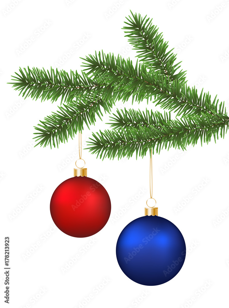 Canvas Prints vector realistic illustration of decorated branch with two shiny colorful baubles isolated on white 