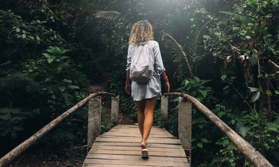 View from the back photo of young caucasian female with curly hair walking the old wooden bridge in the jungles. Backpacker female is exploring tropical forest during summer vacation. - obrazy, fototapety, plakaty