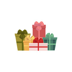 Group, heap, pile of colorful gift, present boxes, Christmas icon, decoration element, cartoon vector illustration on white background. Colorful group of presents, gift boxes, Christmas icon