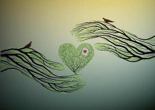heart of nature, treelike hand hold green heart, protect the tree idea,