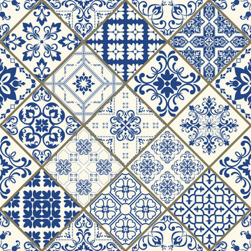 Traditional ornate portuguese decorative tiles azulejos. Vintage pattern. Abstract background. Vector hand drawn illustration