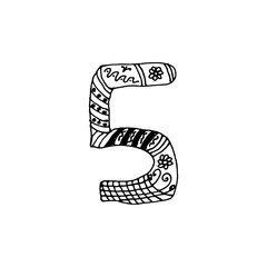 The number Five. Vintage. Doodle. Hand drawing. Vector illustration on isolated background.