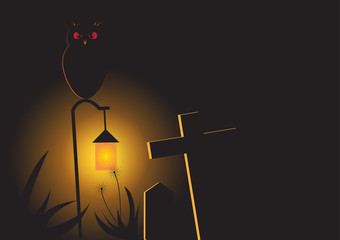 Owl,cross,lamp and gravestone in graveyard, halloween concept vector illustration