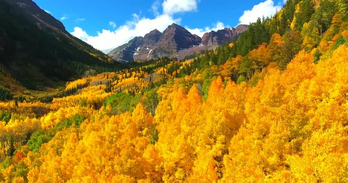 Yellow Fall Foliage With Maroon Bells Mountains In Background - Approaching Aerial Shot - Colorado, USA