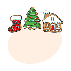 Set of glazed Christmas tree, village house and Santa boot gingerbread cookies, sketch vector illustration isolated on white background with speech bubble