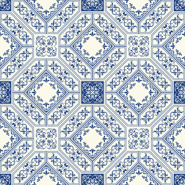 Oriental traditional ornament,  Arabic, islamic, japanese motifs. Mediterranean seamless pattern, tile design, vector illustration. Italian majolica tiles, floral ornament