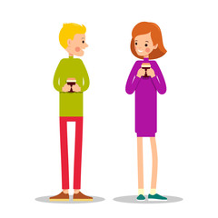Man and woman are standing drinking hot drink