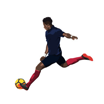 Soccer player in dark blue jersey running and kicking ball. Vector illustration