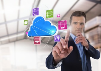 Cloud app interface and Businessman touching air in front of