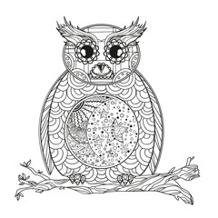 Owl. Mandala. Half moon and stars. Detailed hand drawn night owl with abstract patterns on isolation background. Design for spiritual relaxation for adults. Black and white illustration for coloring