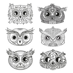 Owls. Heads. Design Zentangle. Hand drawn owl with abstract patterns on isolation background. Design for spiritual relaxation for adults. Black and white illustration for coloring. Zen art