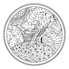Mandala. Tree. Line background. Hand drawn lines. Texture. Abstract pattern. Doodle for design. Design for spiritual relaxation for adults. Print for polygraphy, t-shirts. Black and white wallpaper