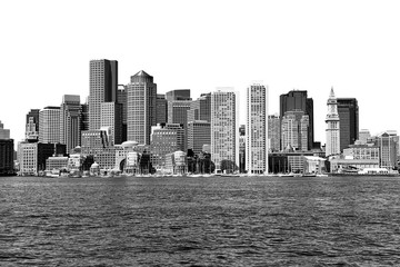 Boston skyline in black and white on a white background