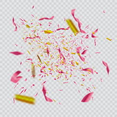 Colorful bright confetti isolated on transparent background. Festive vector illustration