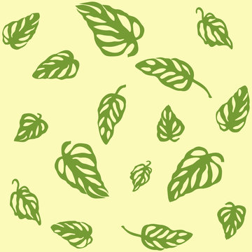 Seamless pattern of green leaves Monstera, isolated on yellow background. 