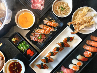 Top view set of japanese food sushi shabu and tempura