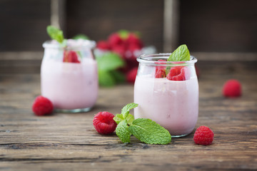 Homemade yogurt with raspberry and mint