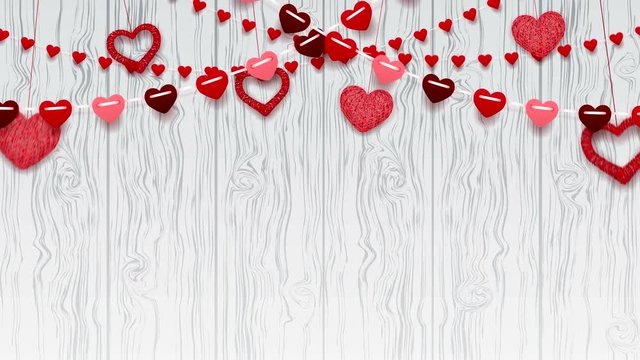 Happy Valentine's Day Greeting Background. Romantic composition with falling garlands from paper and with hearts from threads. Beautiful Festive animation.