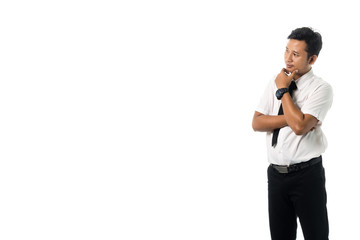 Portrait of a business man thinking with suit. Isolated on white background with copy space