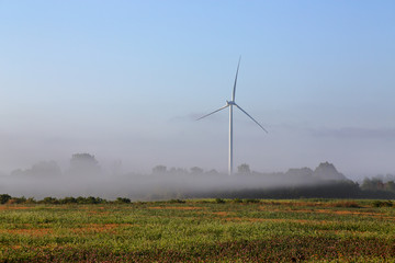 Fototapeta na wymiar Wind turbine in the mist at dawn